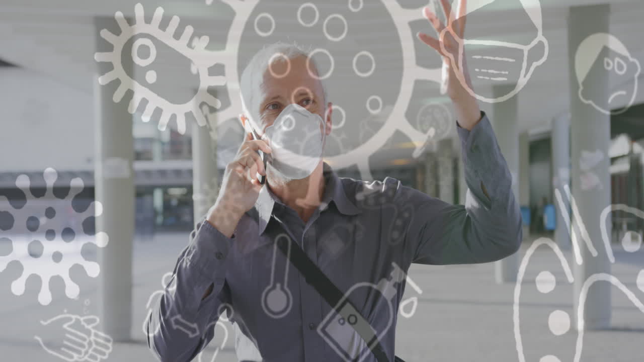 animación de células de covid-19 sobre un hombre mayor que usa una máscara facial