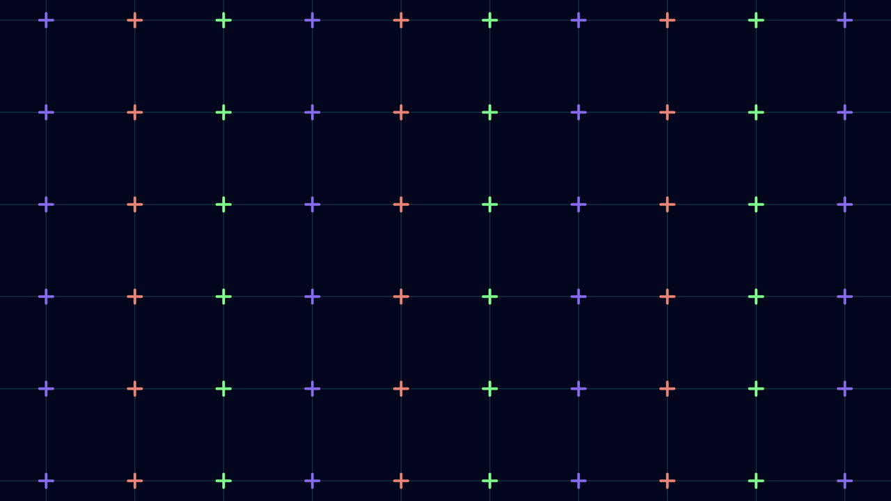 Abstract grid of glowing multicolor cross markers on a dark blue background, repeating calibration test pattern for video editing, motion tracking, VFX and UI overlays