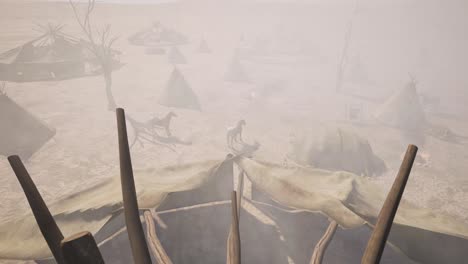 a native american village in an arid environment with traditional native huts, horses, and dust in the air, 3d animation camera zoom in from above