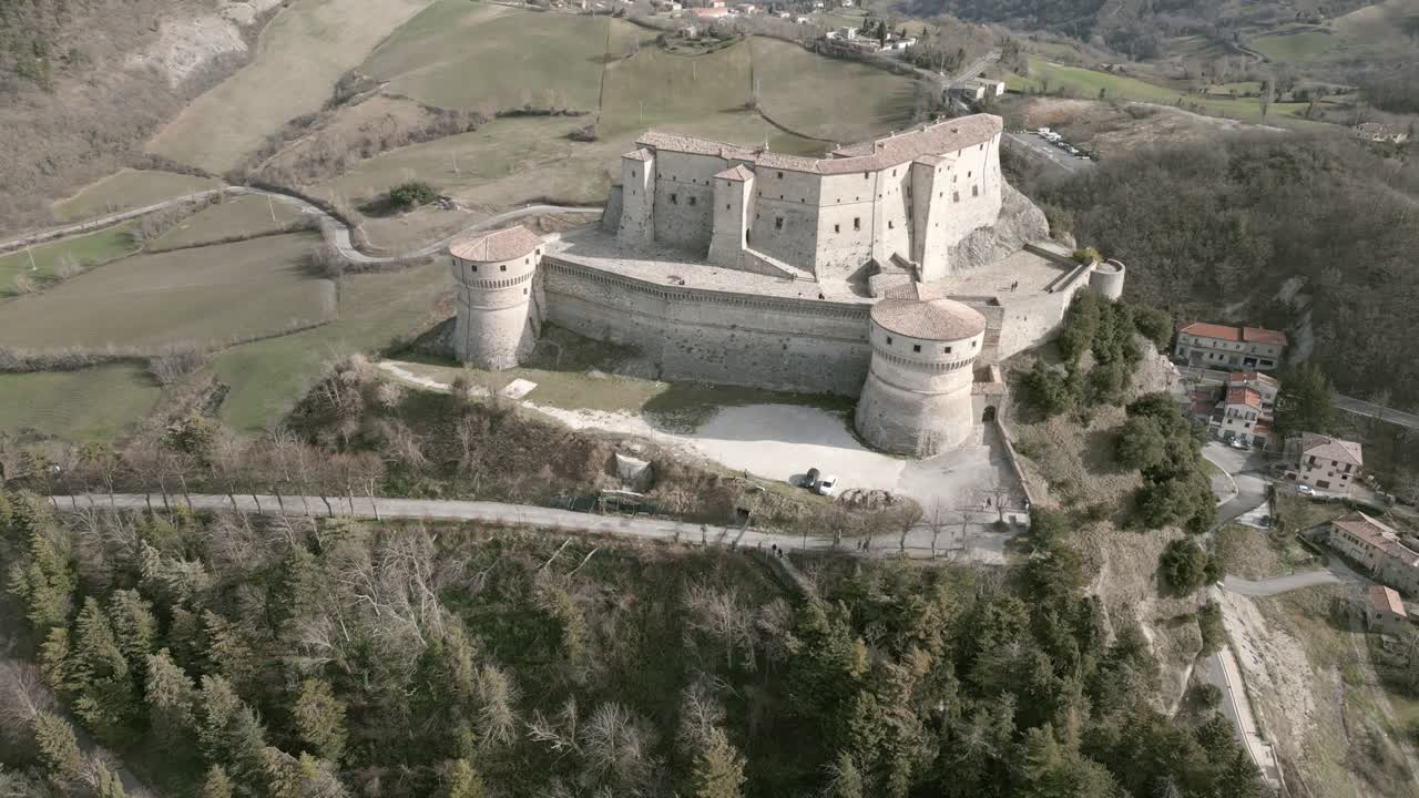 A beautiful drone footage over the stronghold of San Leo - Italy