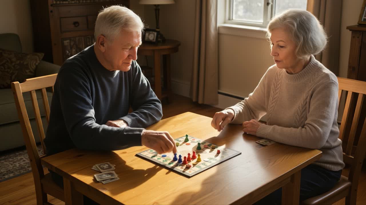 Engaging Moments: An Elderly Couple Enjoys a Friendly Game of Strategy in Their Cozy Living Room, Highlighting Connection and Joy in Everyday Activities