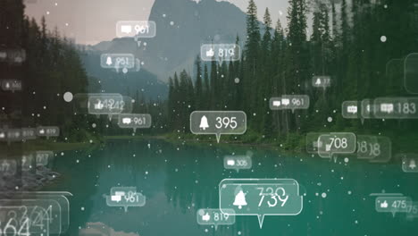 multiple speech bubbles with social media icons and increasing numbers against mountain landscape