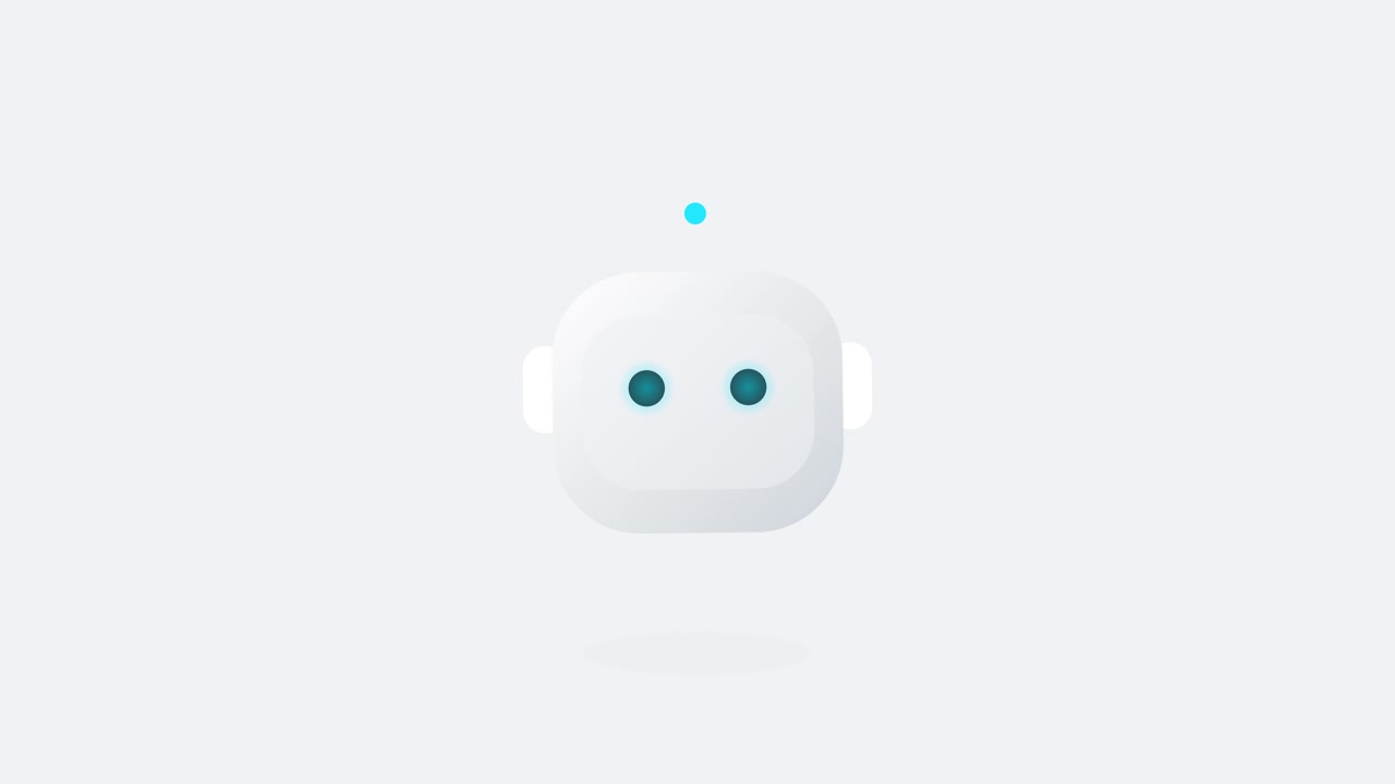 Testa di robot minimalista animata che lampeggia su sfondo bianco