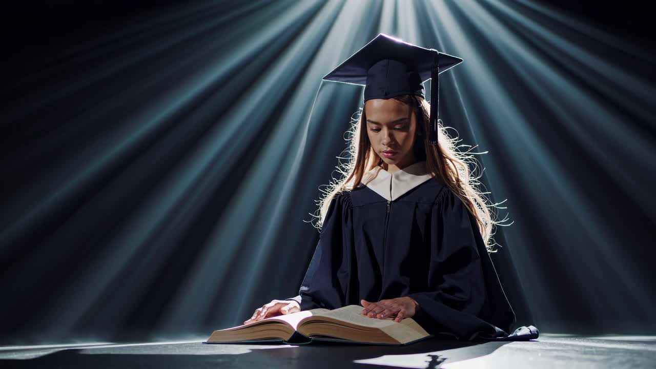 A dramatic low-angle shot of a graduate in cap and gown reading a book, with spotlight rays