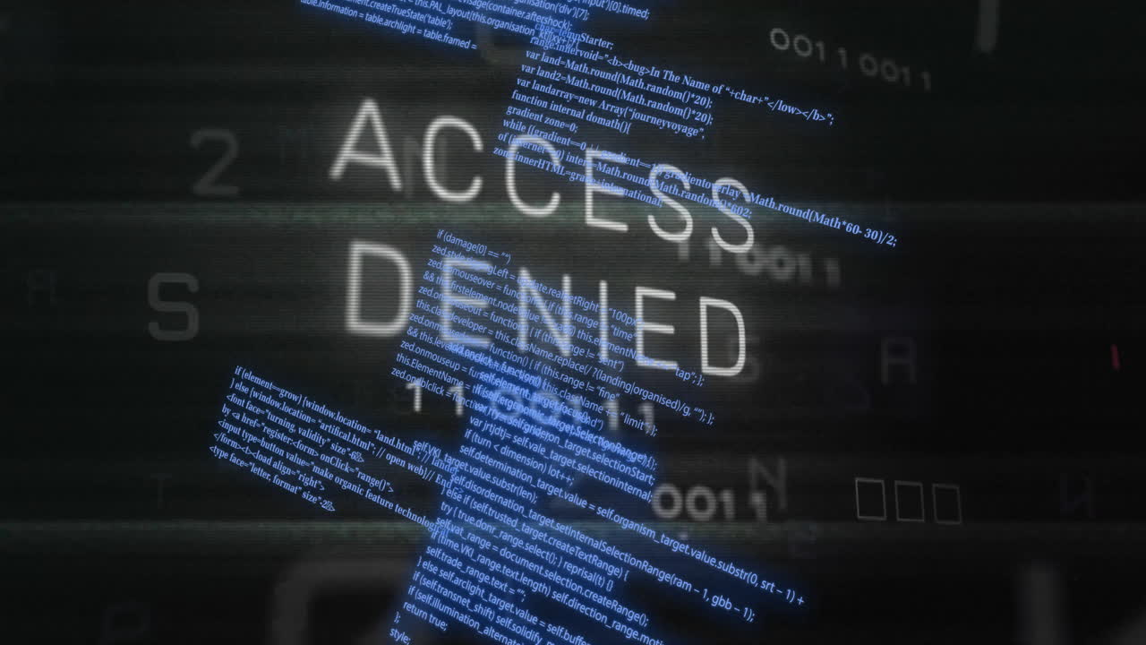 Animation of data processing and computer circuit board with access denied on black background