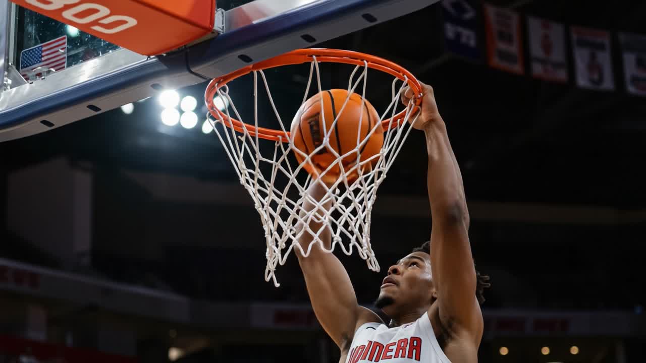 An Impressive Basketball Dunk Captured from Start to Finish, Showcasing Skill and Precision in the Arena with the Ball Approaching the Hoop and the Net's Key Role