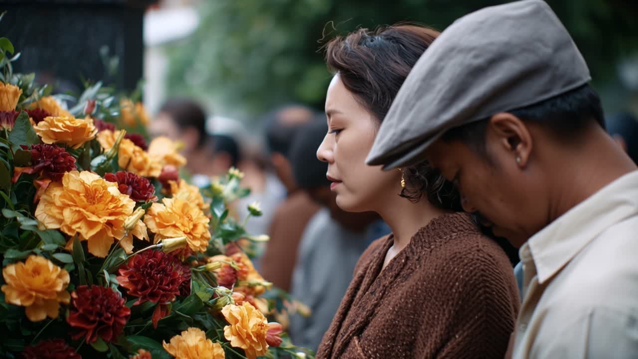 Elderly woman and man stand solemnly beside floral tribute. They grieve quietly, surrounded by mourners. Orange and red roses decorate the stone marker