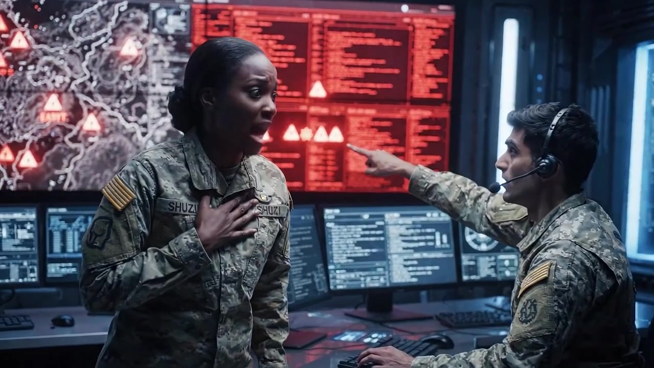Military Personnel Engaged in Tactical Operations Within a High-Tech Command Center, Analyzing Data on Multiple Interactive Displays and Monitors
