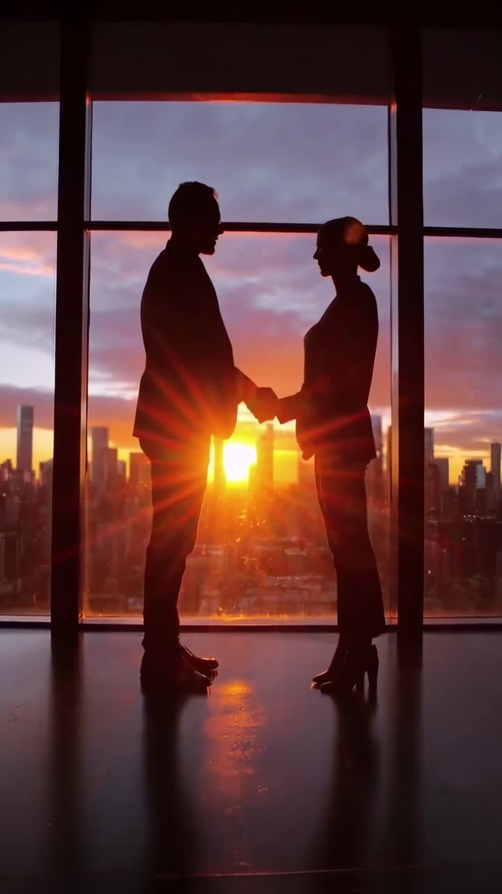 Stretta di mano in silhouette al tramonto in un ufficio in un grattacielo, ripresa da un'angolazione bassa, in stile video.