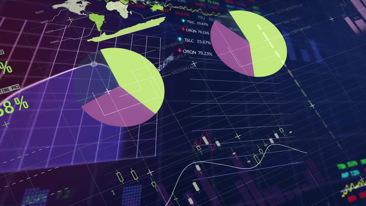 animación del procesamiento de datos financieros sobre una cuadrícula sobre un fondo oscuro