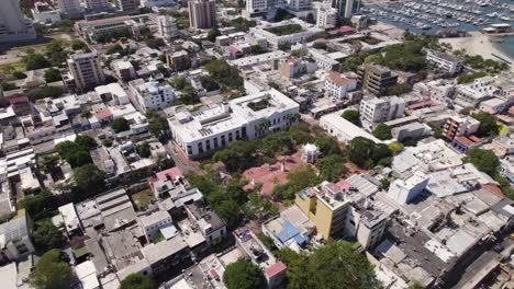 Parque-De-Los-Novios-Historic-Center-Of-Santa-Marta,-Colombia,-Cityscape-Aerial-View