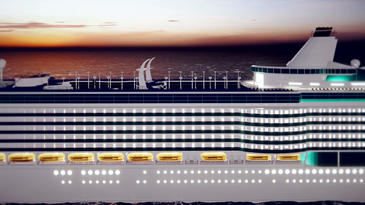 럭셔리 크루즈 선박이 해가 뜨면 항구에서 바다를 가로질러 항해합니다. 아름다운 여름 루프 배경.