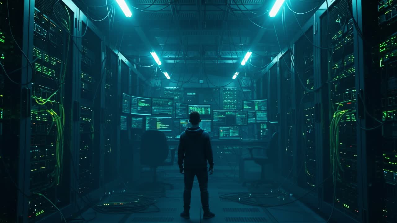 Venturing into a dimly lit server room during the night, where the air is filled with the hum of machinery and the glow of numerous screens illuminates the shadows, reveals a fascinating high-tech landscape