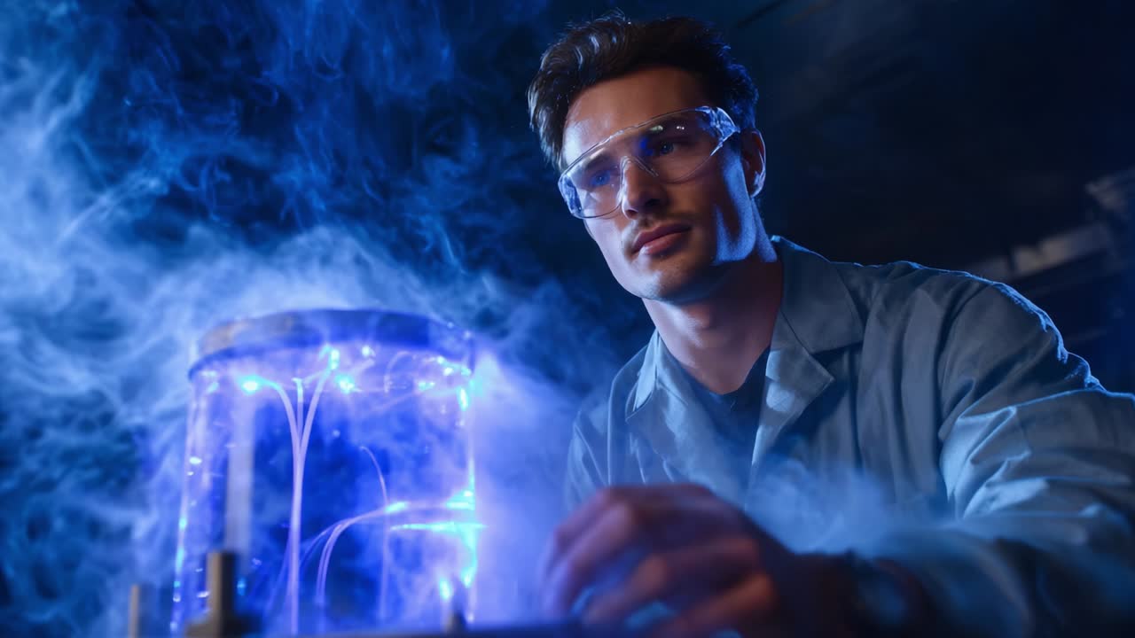A focused scientist wearing protective eyewear engages in an experiment, manipulating a glowing apparatus surrounded by a billowing blue smoke, illustrating the captivating world of scientific discovery