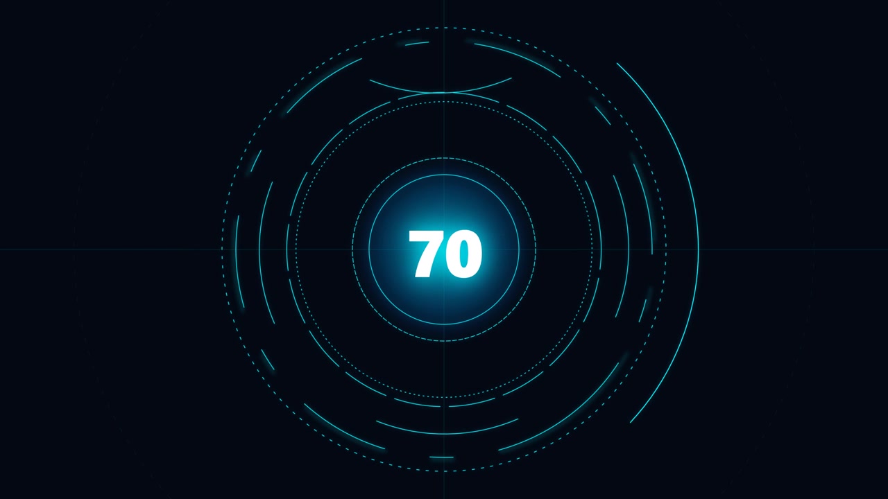 Digital HUD Interface Displaying Number Seventy with Rotating Circular Elements