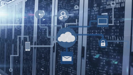 Animation-of-cloud-icon-with-network-of-connections-and-data-processing-over-computer-servers