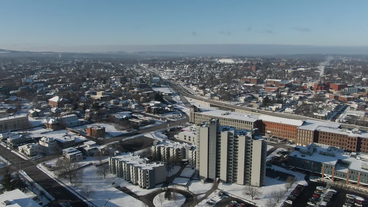 Downtown Utica, NY Aerial Looking Southwest on cold winter morning, pull back to reveal new Wynn Hospital