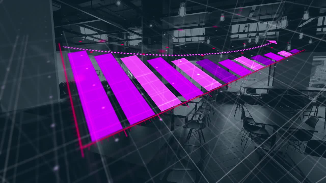 Animation of bar graph representing loss over empty chairs and tables arranged in office