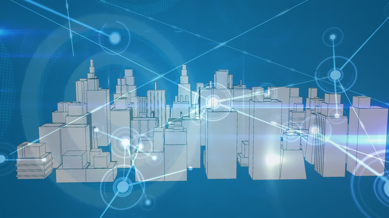 Animation of network of connections over digital city on blue background