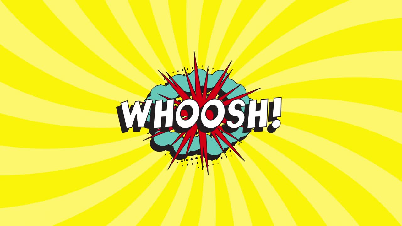 레트로 만화에서 'whoosh!'라는 단어는 애니메이션 오렌지색 배경에 반색 점 그림자를 가진 음성 거품입니다.