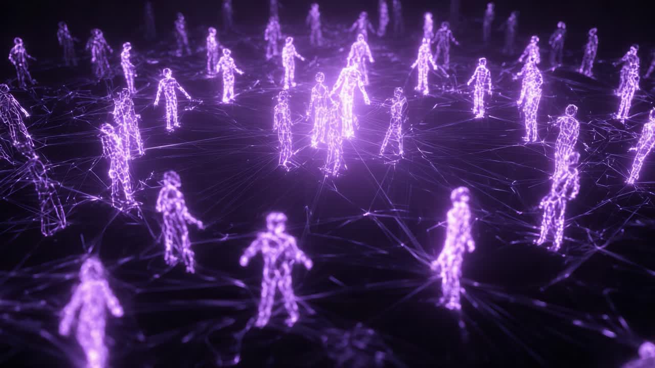 A mesmerizing scene showcasing a network of glowing, holographic figures in a dynamic pulse, surrounded by a web of connections that reflect unity and innovation within a digital landscape