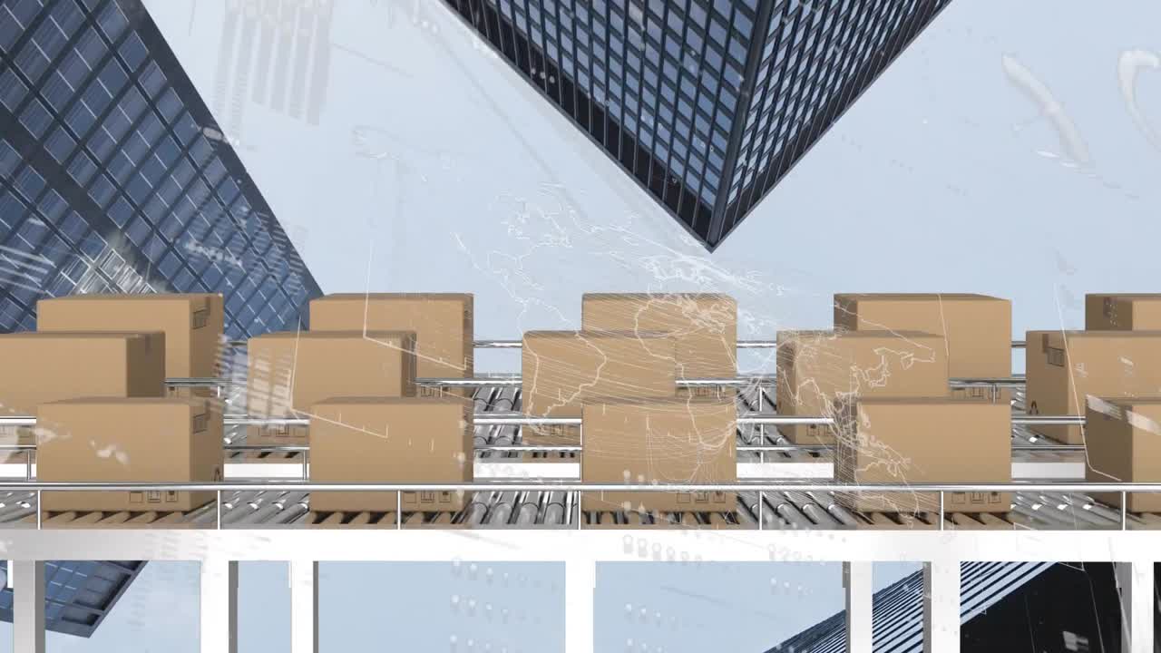 컨베이어 벨트에 있는 카드보드 상자 위에서 통계 처리의 애니메이션