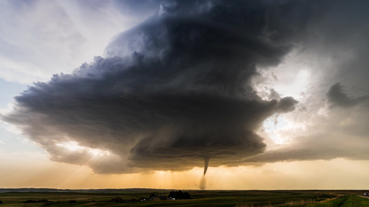 Tornado hvirvler under supercelle-stormskyer, kraftigt og voldsomt vejr.