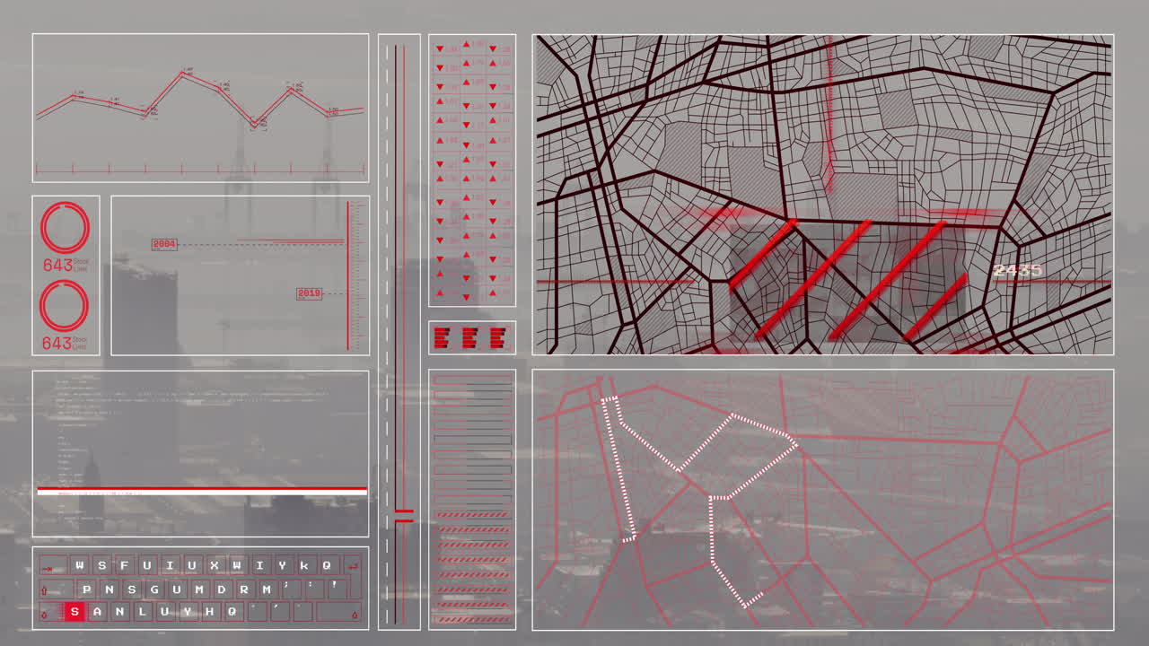 animación de la interfaz con el procesamiento de datos frente a una vista aérea del paisaje urbano