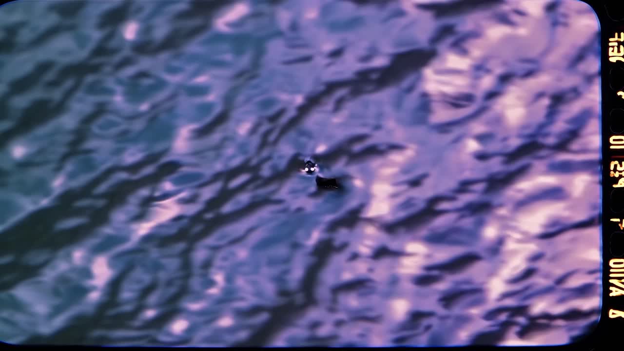 Luchtfoto van een wateroppervlak met rimpelingen, vastgelegd in een vintage videostijl, met een kleine...