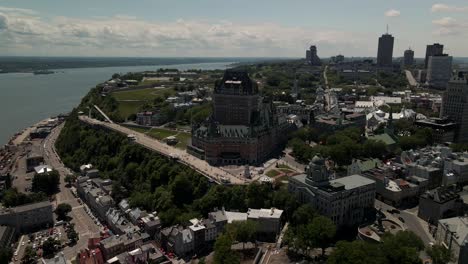 aerial view of splendid hotel chateau frontenac during summer, moving backward