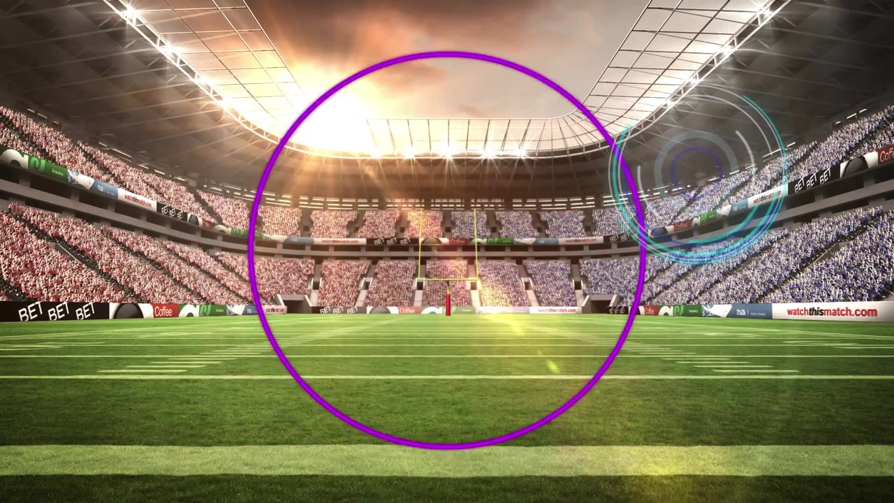 Animation of pink scanner processing over grass pitch with sunset over sports stadium