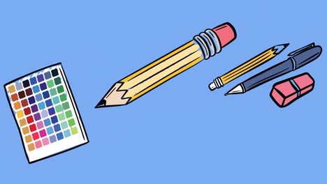 animation of school items icons on blue background