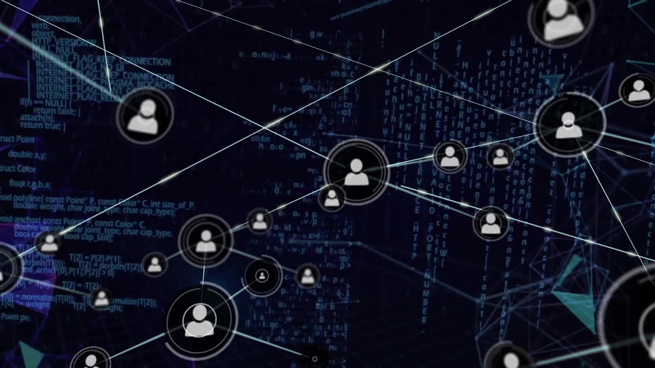 Animation of network of connections with icons and data processing over dark background