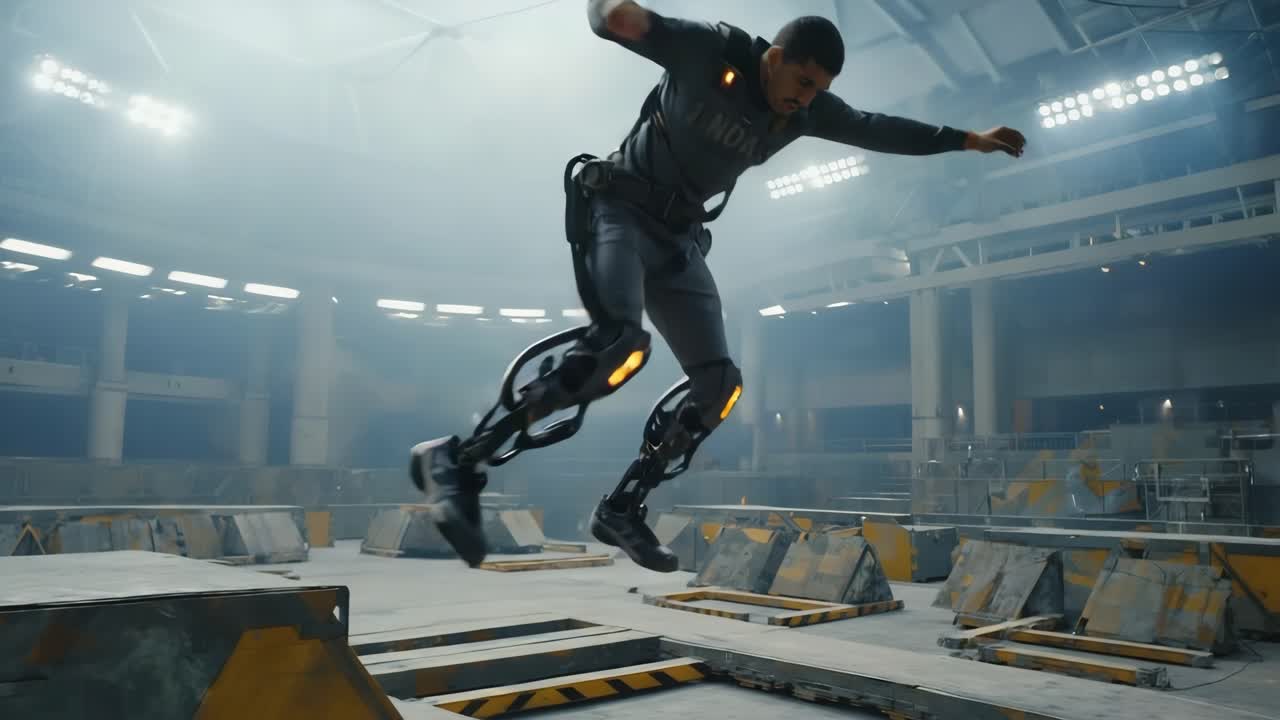 Man Jumping with Exoskeleton