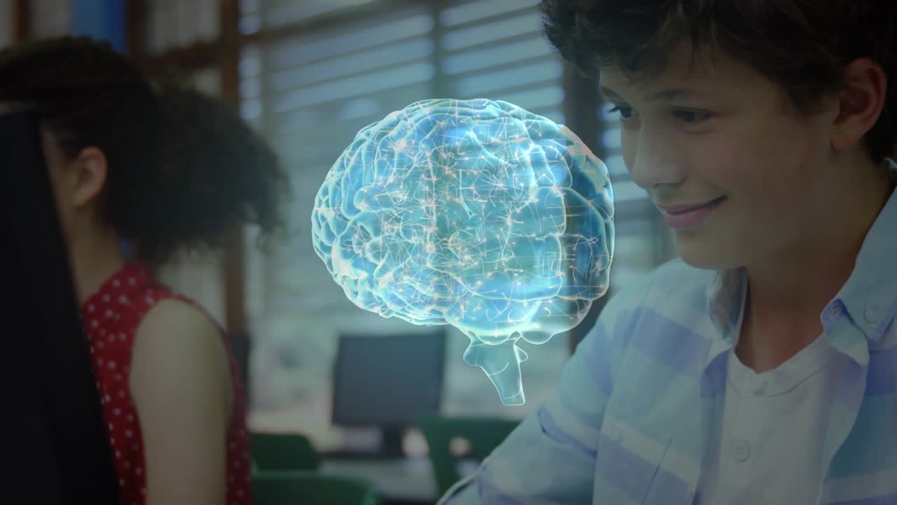 Girl typing boy typing activating holographic brain rotating showing neural patterns for study