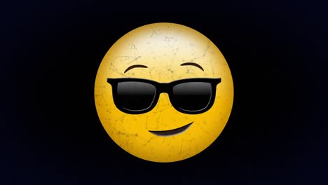 Animación-Digital-De-La-Red-De-Conexiones-Sobre-La-Cara-Con-Gafas-De-Sol-Emoji-Sobre-Fondo-Negro