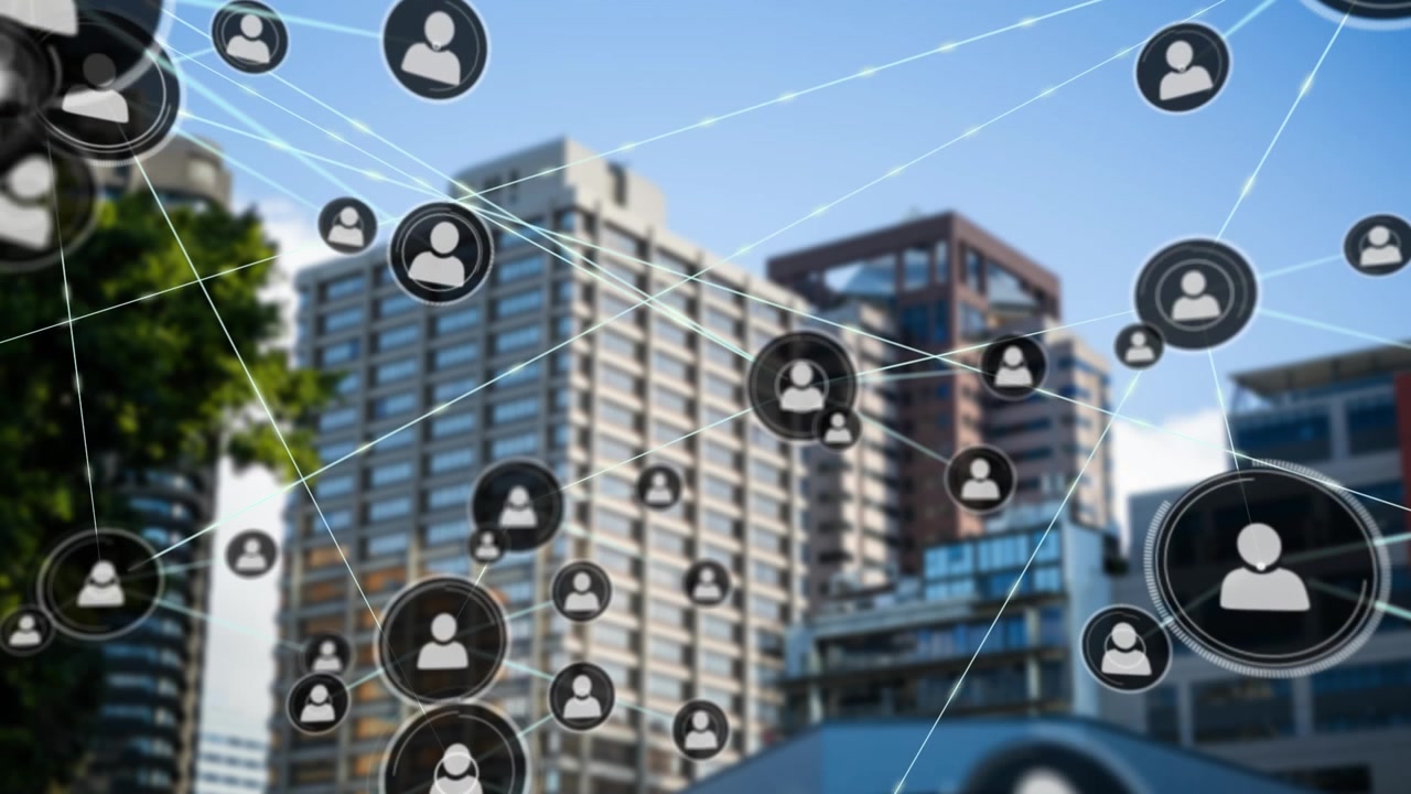 Animação de rede de conexões sobre a paisagem urbana