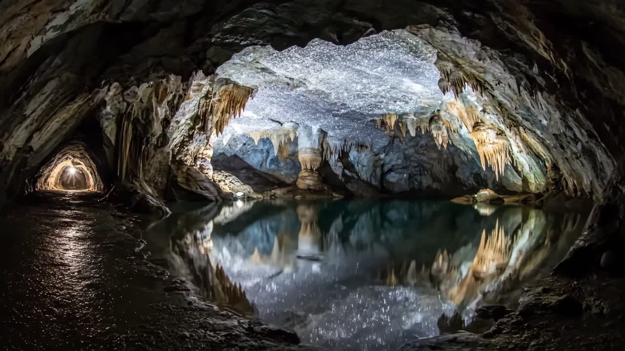Grotta med stalaktiter och vattenreflektion