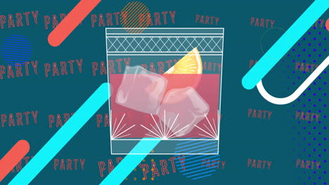 animation of cocktail glass over party neon text and flickering shapes