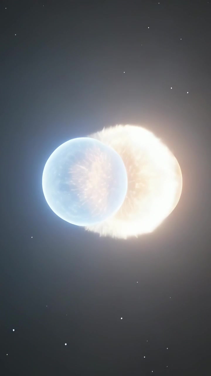 Vertical video: Moving blue and orange spheres, gravity drawing closer in space forming white core