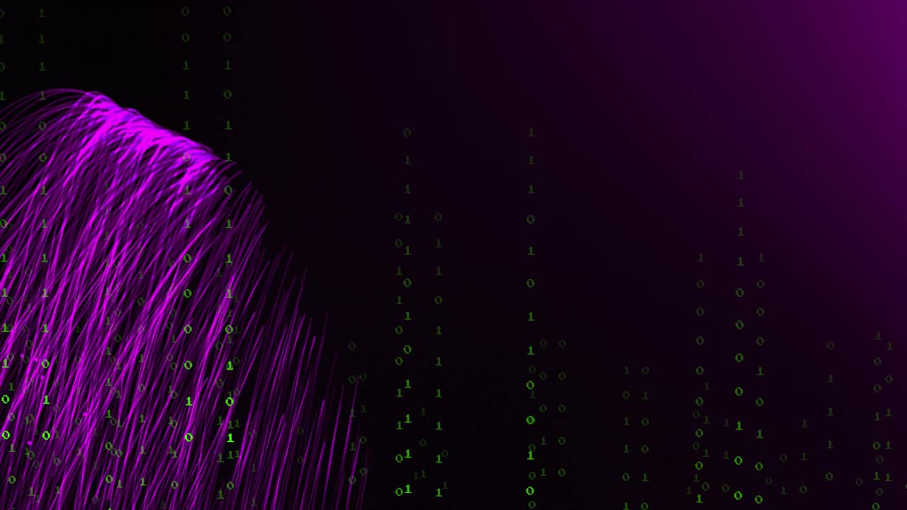 Binary code and data flow over purple fiber optic strands
