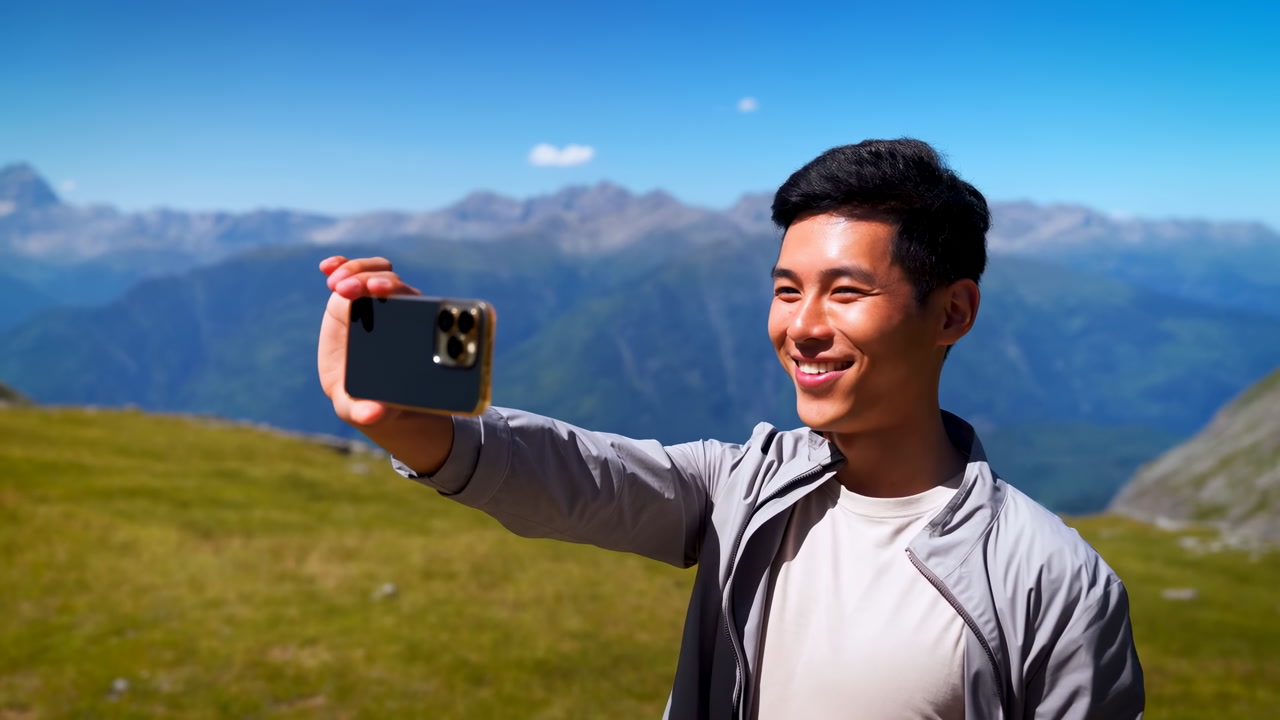 Asian Hiker Taking Selfie On Mountain Ridge, Smiling Into Smartphone Camera, Green Meadow Foreground, Alpine