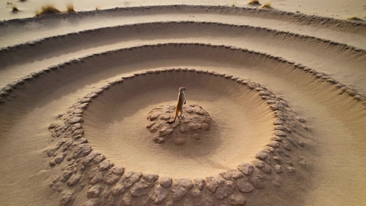 Single meerkat stands upright on compacted mound at center of repeating concentric sand ridges, head turned slightly right, alert and still within warm desert light, textured terrain, balanced