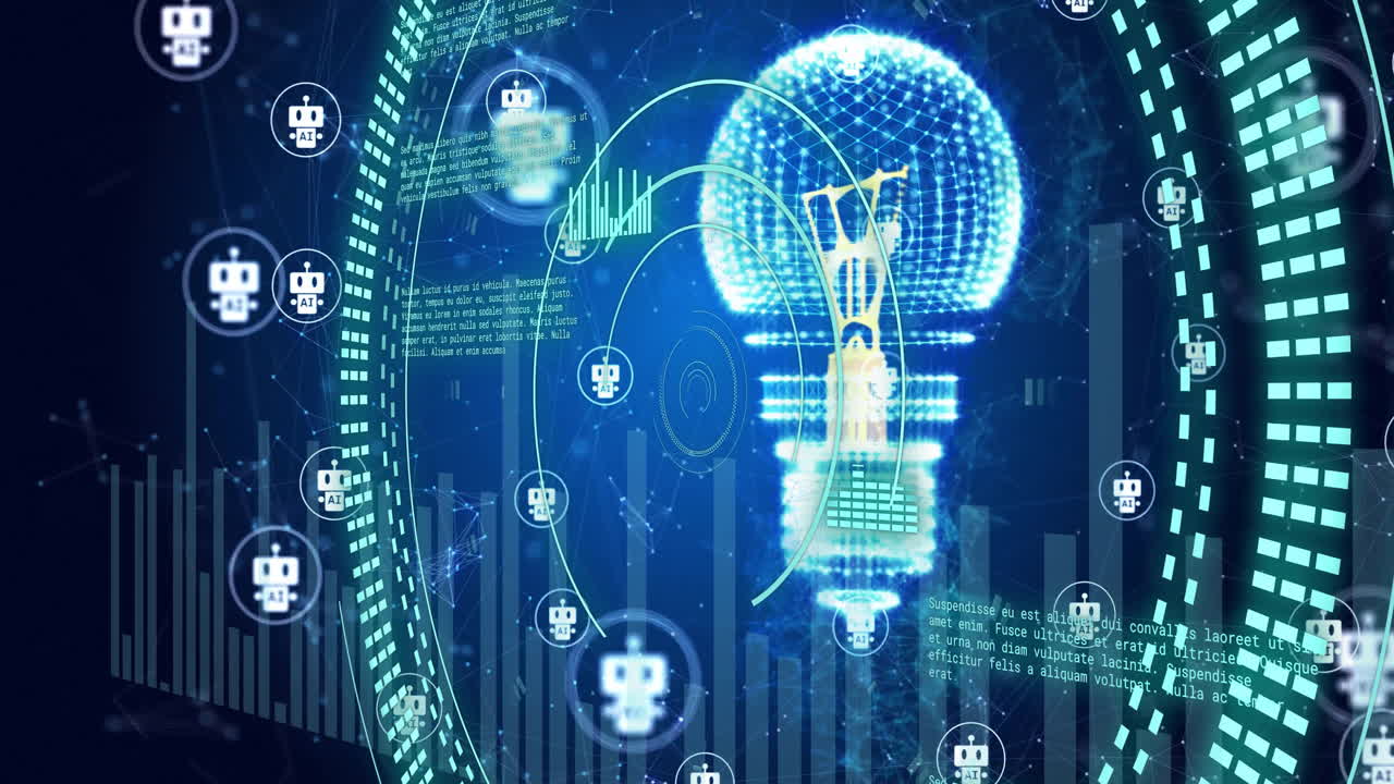 Light bulb and robot icons with data processing animation over digital interface