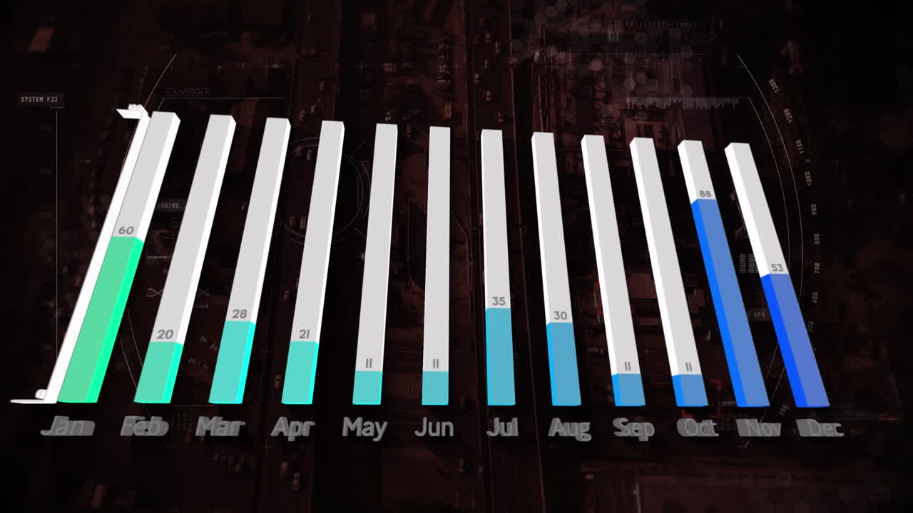 procesamiento de datos estadísticos y escaneo de alcance sobre vista aérea del paisaje urbano