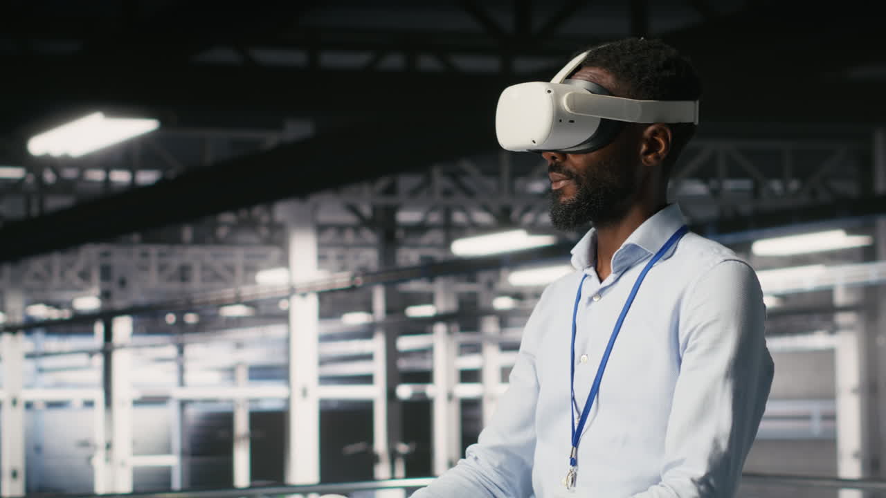 Data center admin using VR headset to monitor neural network AI systems