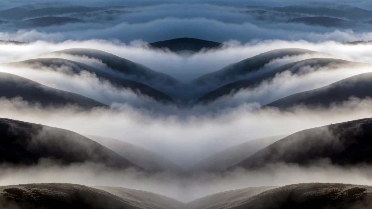 Nebbia di valle che si sposta e creste riflesse, mosse dal calore dell'alba, rivelando e poi nascondendo i pendii.