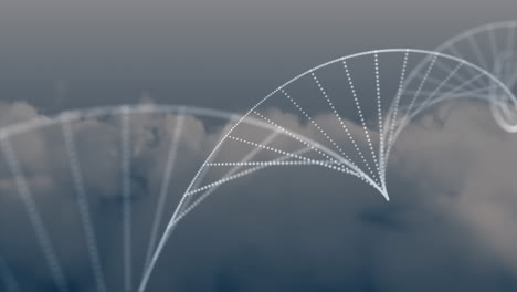 composición digital de la estructura del adn girando contra las nubes en el cielo azul