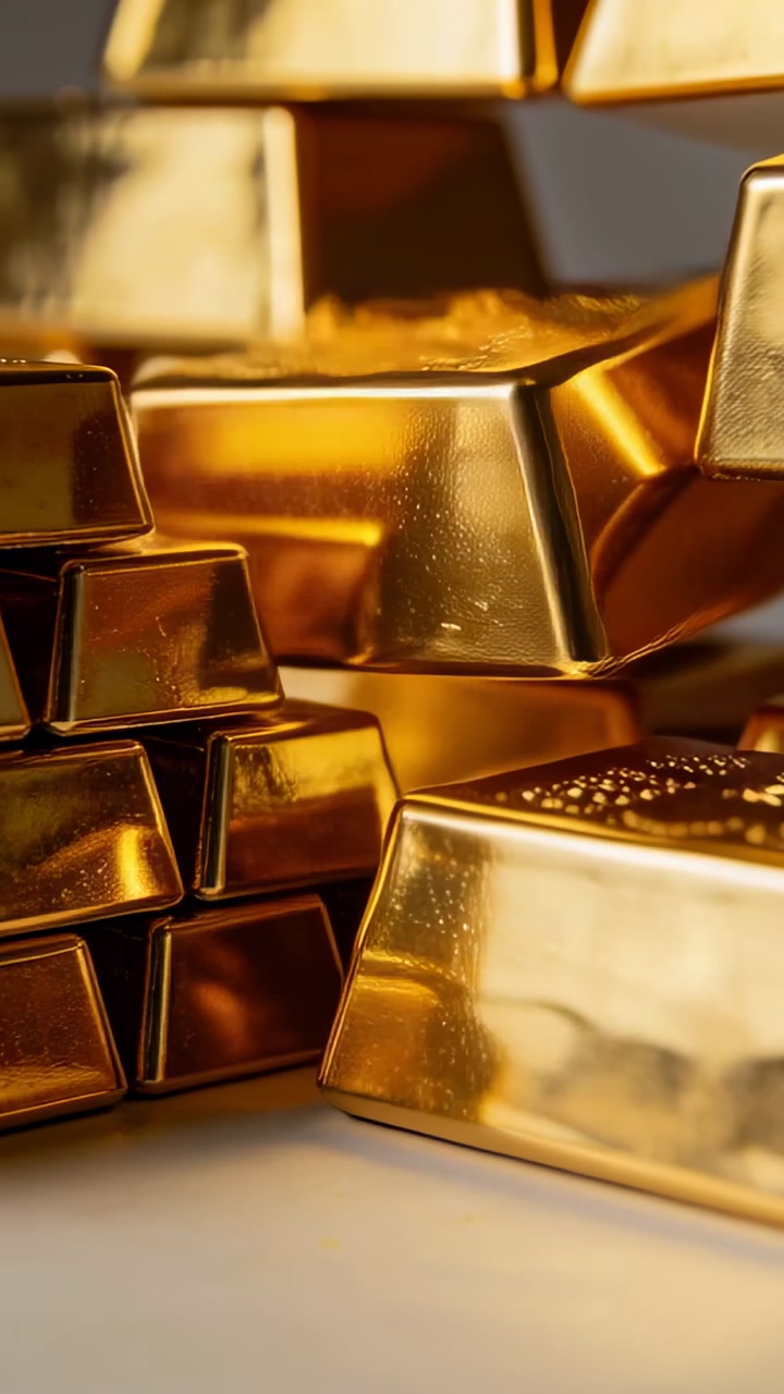 Camera moving closer, showing stacked gold bars shifting highlights and texture for product detail