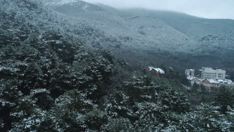 schneebedeckte bergwaldlandschaft mit blick auf die stadt